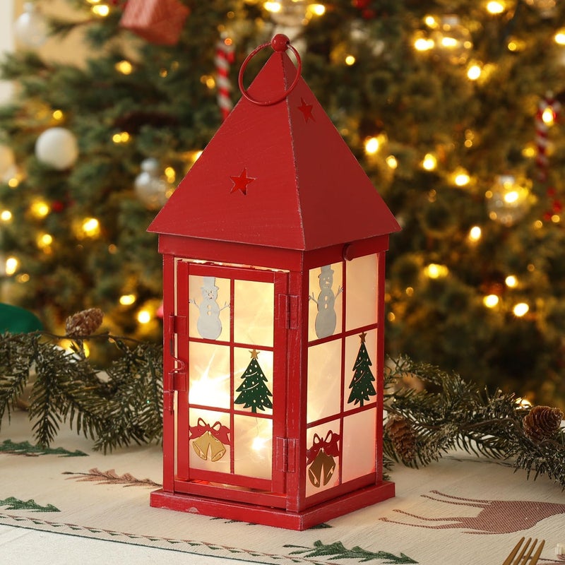 NEEDOMO Christmas Decorations for Home, 15'' Decorative Christmas Lantern Indoor Outdoor Decor, Metal Hanging Candle Holder with Xmas Snowman Bells and LED String for Table Centerpieces, Patio (Red) - Image 1